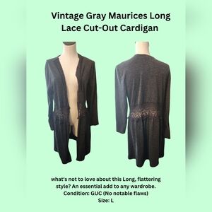 Maurices Long Gray Cardigan with Lace Cut Outs